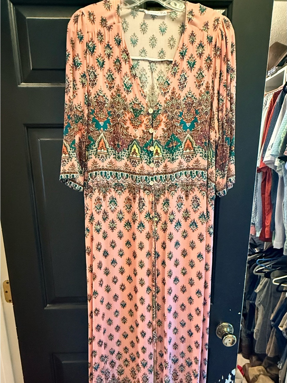 Pink Bohemian Paisley Print V-Neck Button Front Maxi Dress - Size M (8-10)